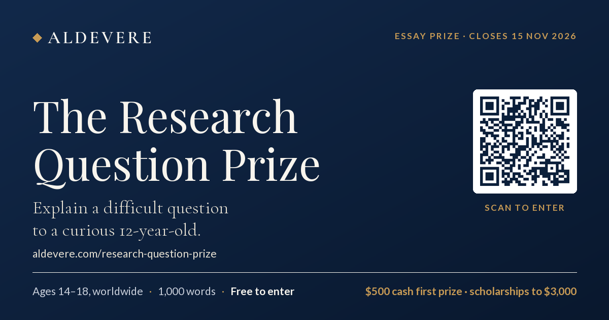 Research Question Prize poster for a free worldwide essay competition for students aged 14 to 18, closing 15 November 2026.
